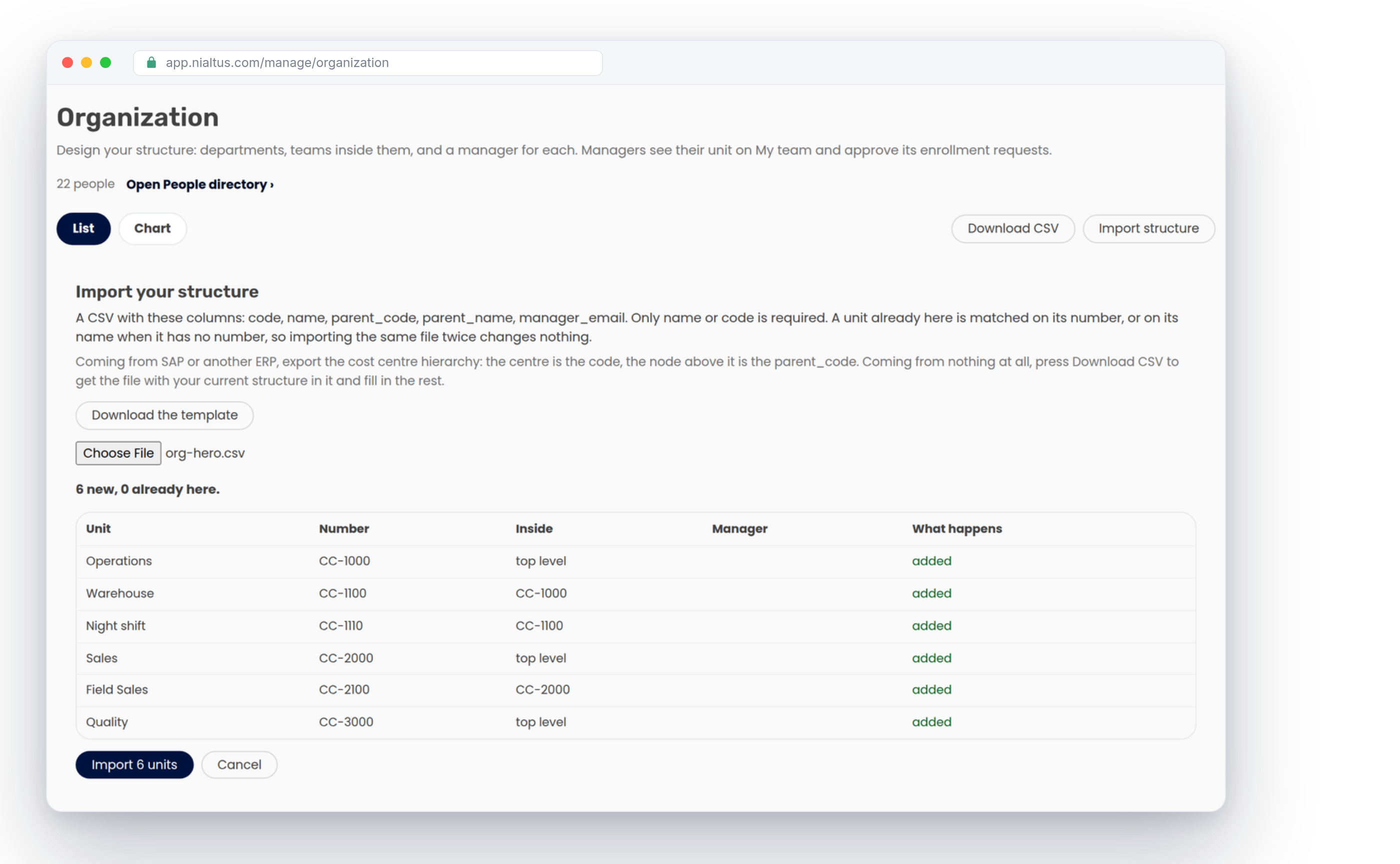 Importing an organization structure into Nialtus Nialtus org structure import