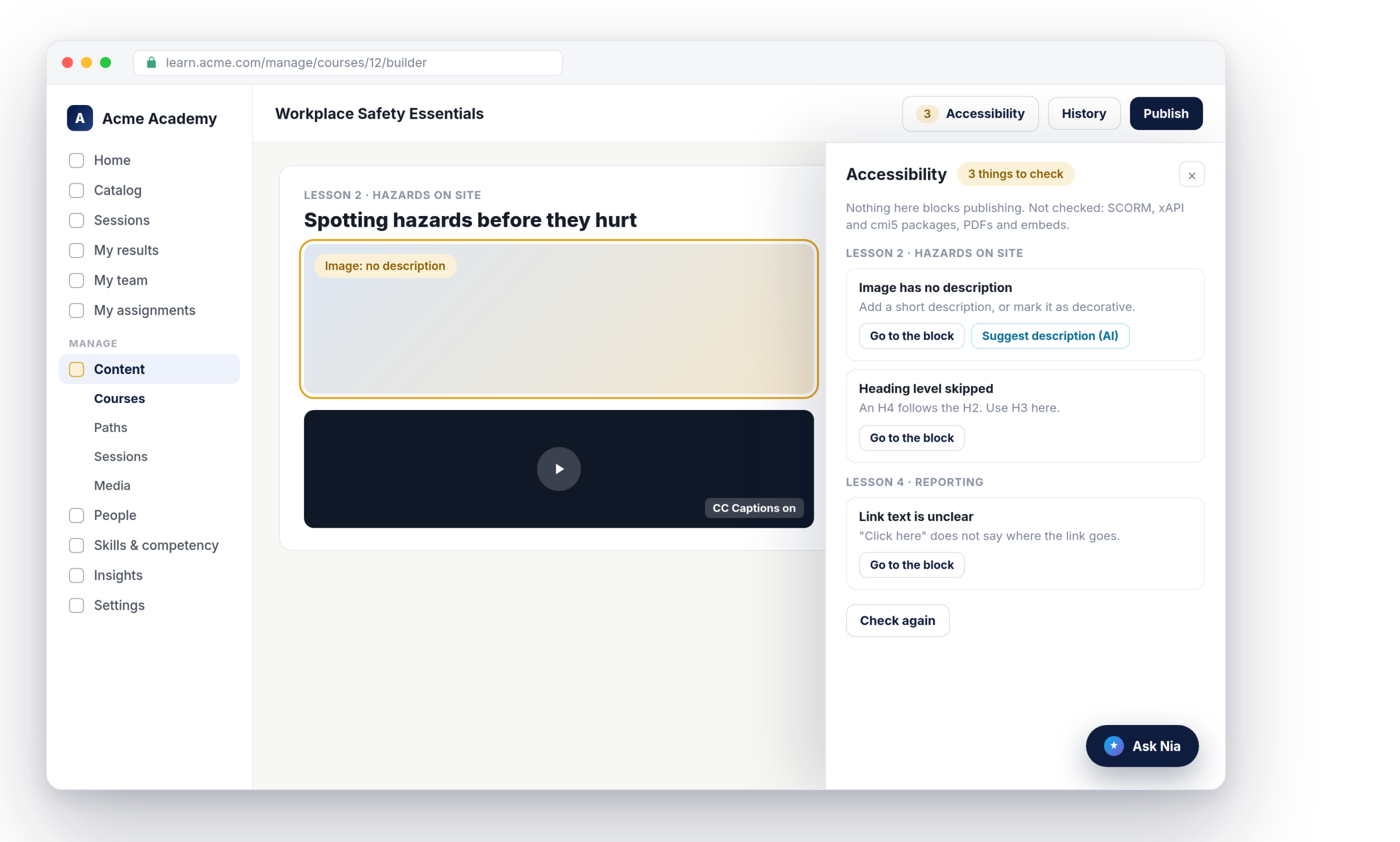 Nialtus course builder with the Accessibility panel listing things to check