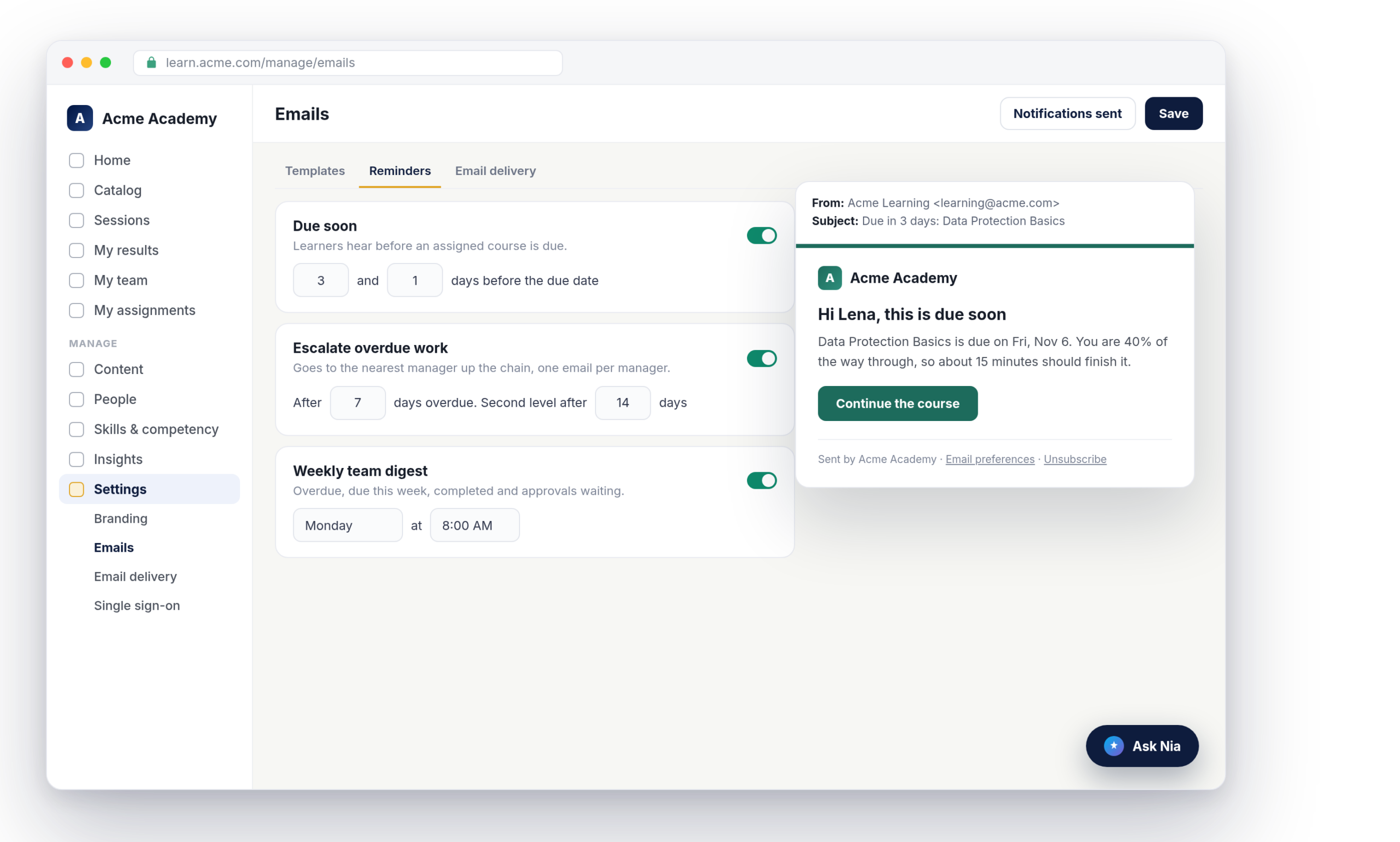 Nialtus reminder settings with a branded due-soon email Nialtus reminder settings with a branded due-soon email
