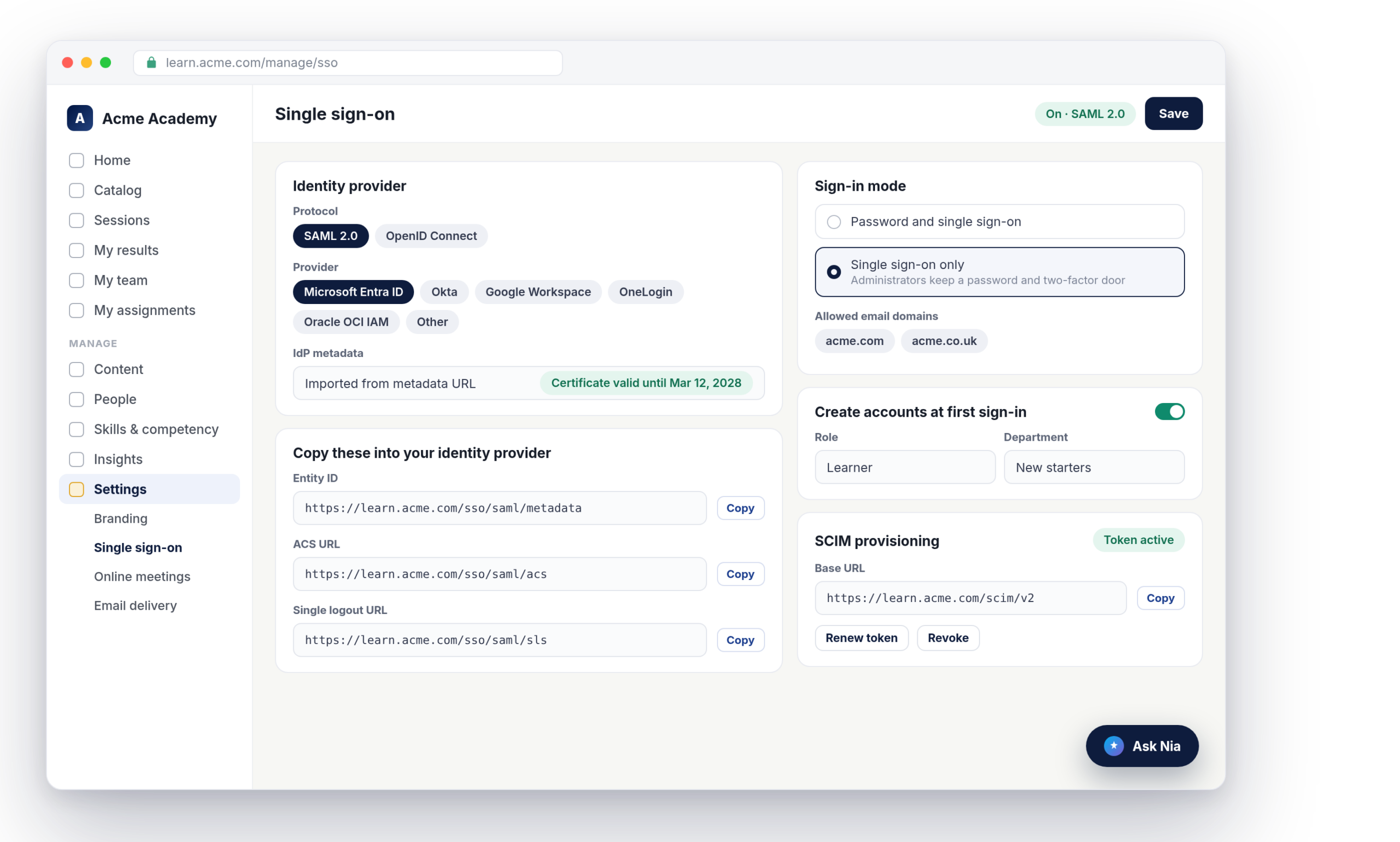 Nialtus single sign-on settings with SAML, provider presets and SCIM provisioning