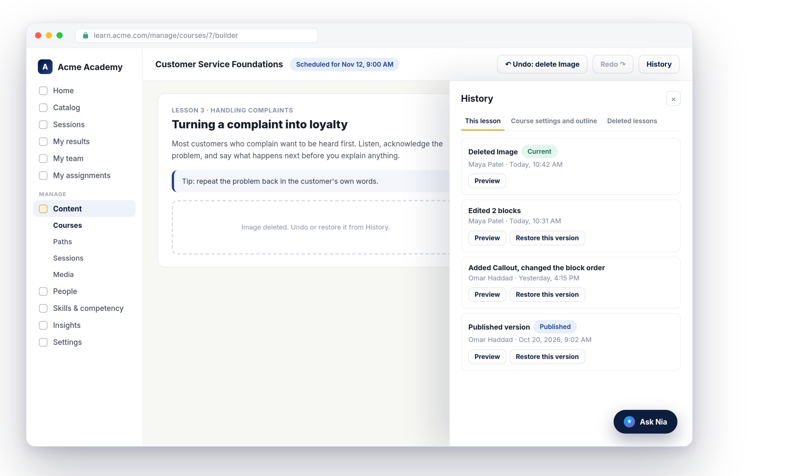 Nialtus course builder with the History panel and Undo button